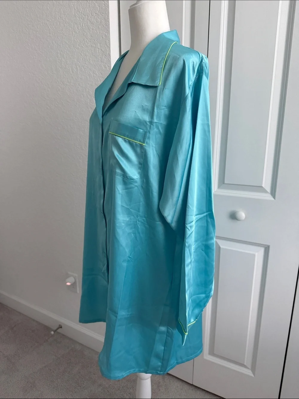 Vintage 90s Victoria’s Secret Satin Nightshirt Aqua Blue Slip Dress L Y2K